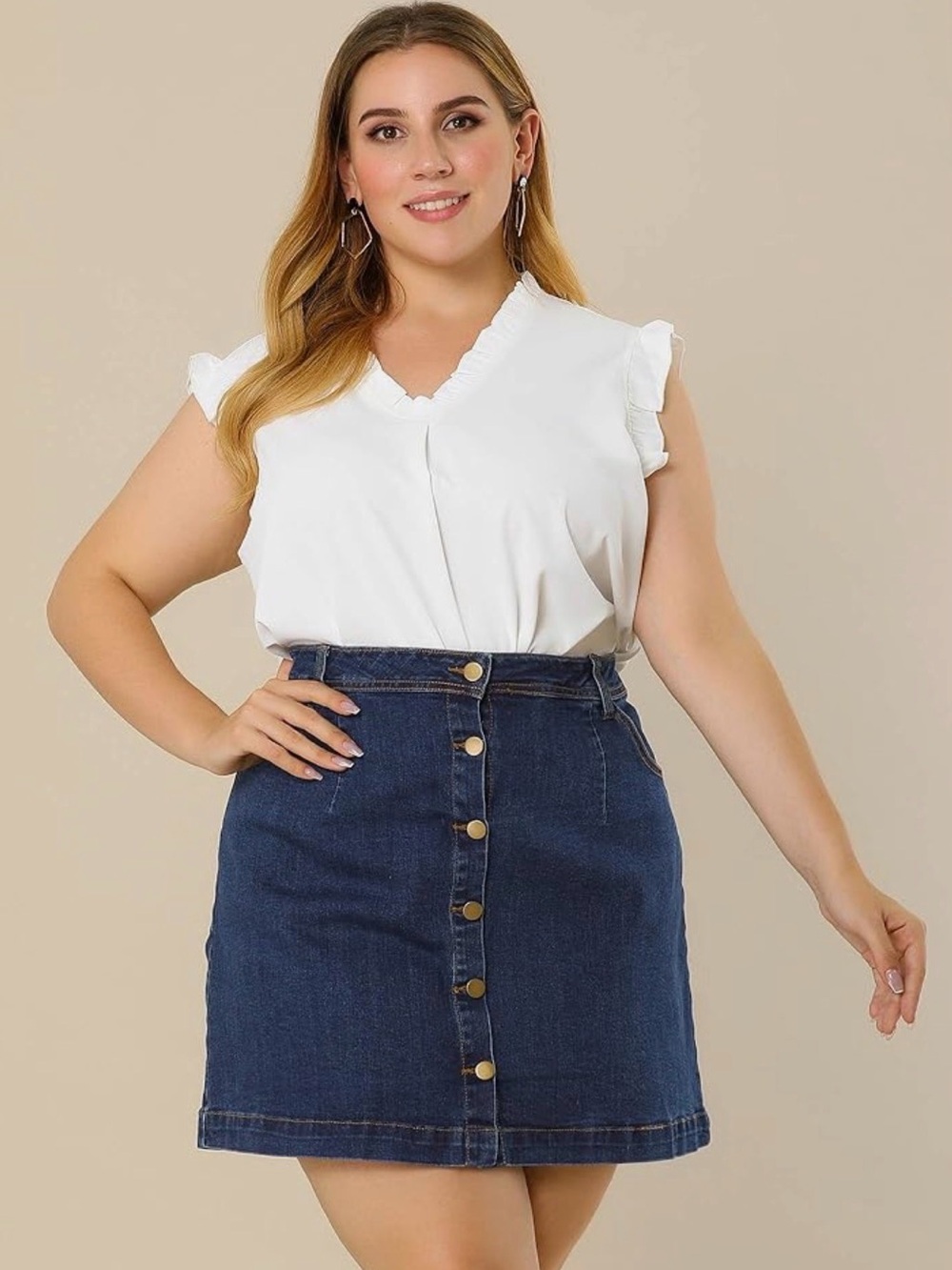 Plus Size Dark Blue Button-Front Denim Mini Skirt